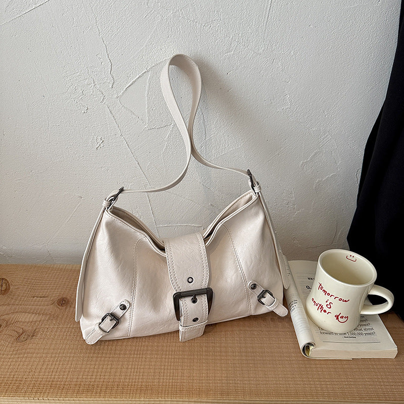 White soft vegan leather hobo bag with front buckle strap, wide strap and side buckles, option White