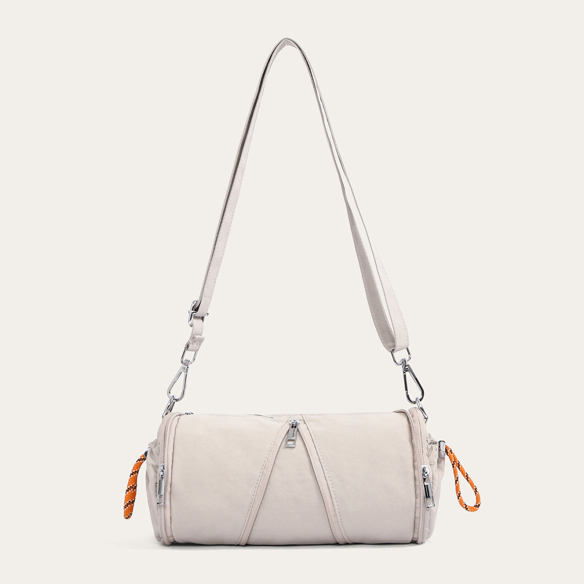 Grey cylindrical nylon crossbody bag with stitched front lines and orange cord loops, variant image for the grey color