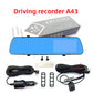 Blue glass mirror dash cam with a rear camera, power cord and straps, option image for 4.5in Dual-Record 1080P