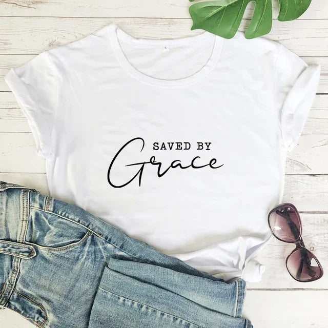 Solid color cotton t-shirt with a relaxed fit and the Saved by Grace chest print