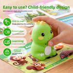 Hand holding a green dinosaur talking reader on a forest animals card with four child friendly feature callouts