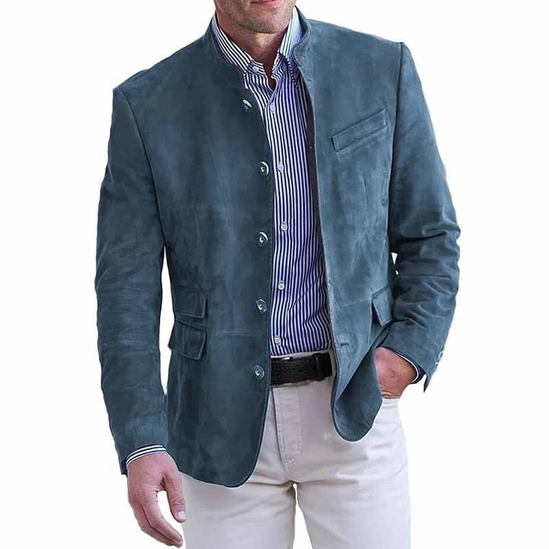 Brushed vegan suede jacket with a stand collar, flap chest pocket and flap hip pockets