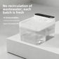 Clear tank pet water fountain with black control panel on a white shelf beside the words no recirculation of wastewater