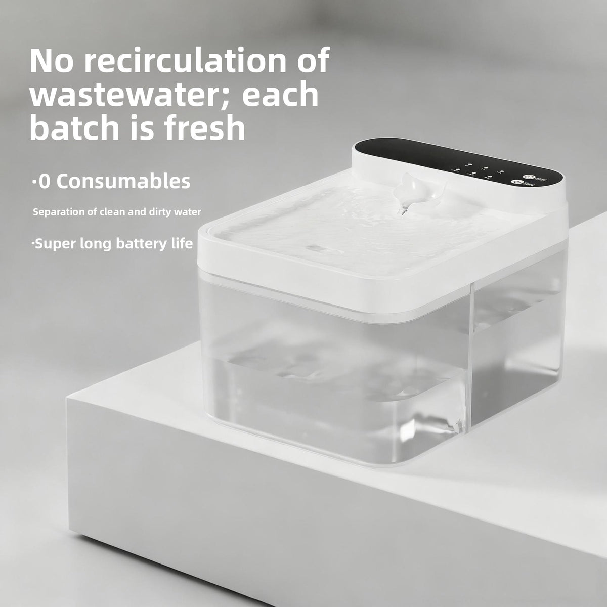 Clear tank pet water fountain with black control panel on a white shelf beside the words no recirculation of wastewater