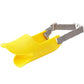 Yellow silicone duckbill dog muzzle with grey webbing head strap and side release buckle on white