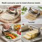Four panels showing the manual cutter cutting dough, jelly, salad vegetables, and butter
