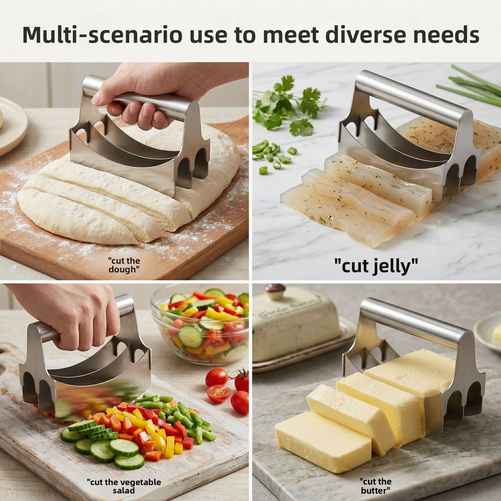 Four panels showing the manual cutter cutting dough, jelly, salad vegetables, and butter