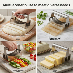 Four panels showing the manual cutter cutting dough, jelly, salad vegetables, and butter