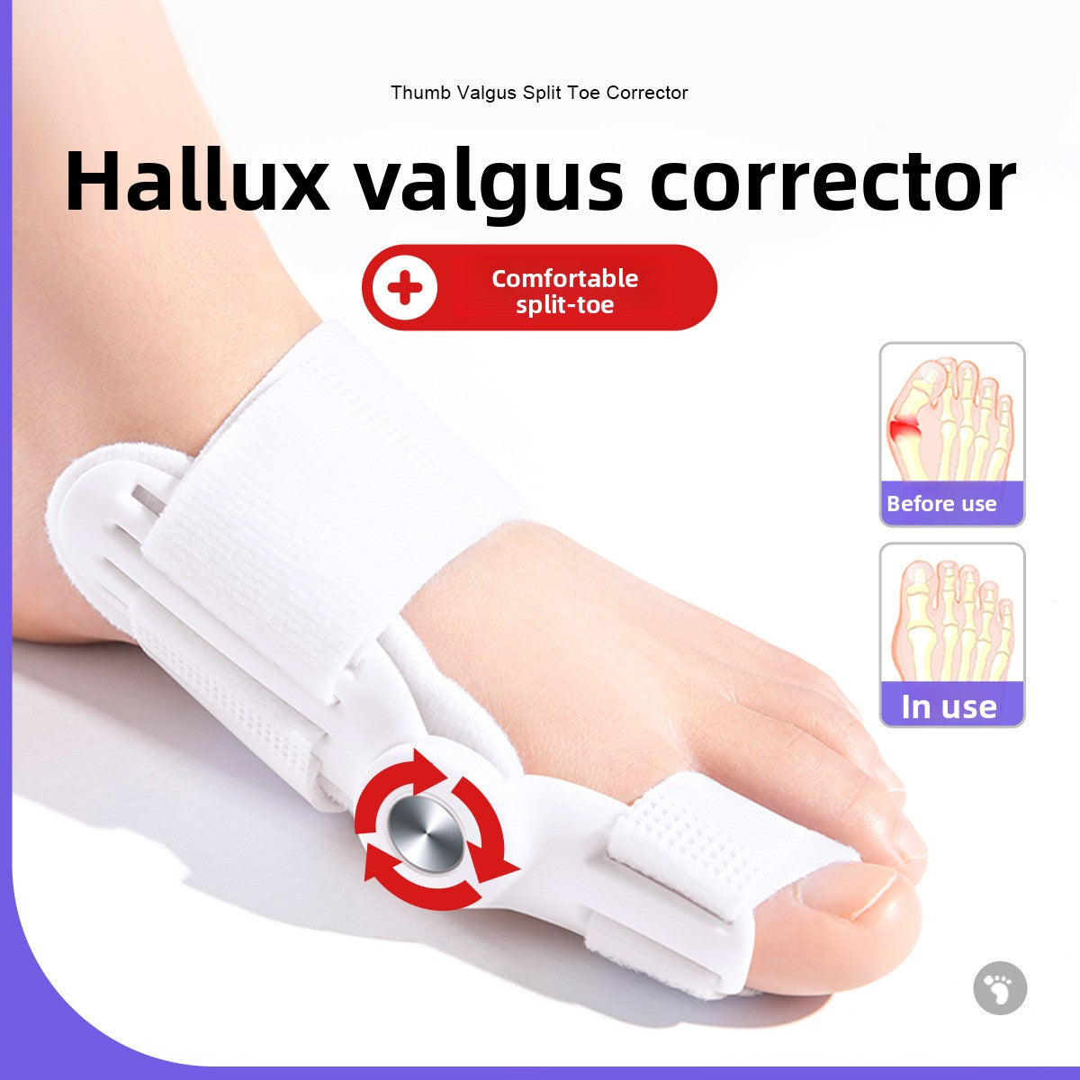 Bunion splint shown positioned for overnight rest at home