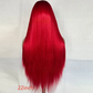 Back view of a long straight Neptune red synthetic wig labelled 22 inch