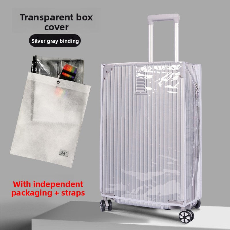 Transparent PVC luggage cover shielding a suitcase from dust, scuffs and light rain