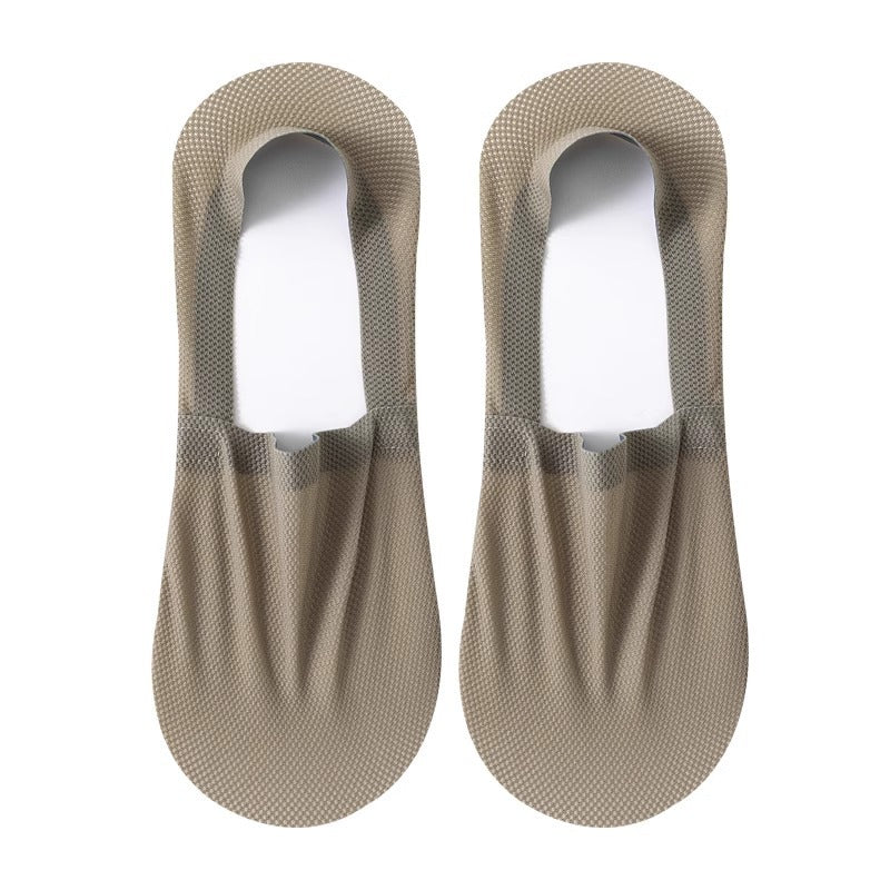 Khaki pair of men's invisible socks flat lay showing cotton sole and mesh upper