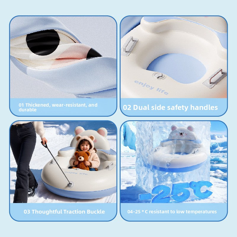 Four detail panels of the inflatable snow ring showing the thick wall, two side handles, traction buckle and cold weather use