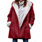 Model in an open red hooded toggle coat showing the white plush lining, cuffs and side pockets
