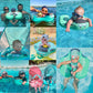Collage of nine owner photographs of babies sitting in the mint and pink swim floats
