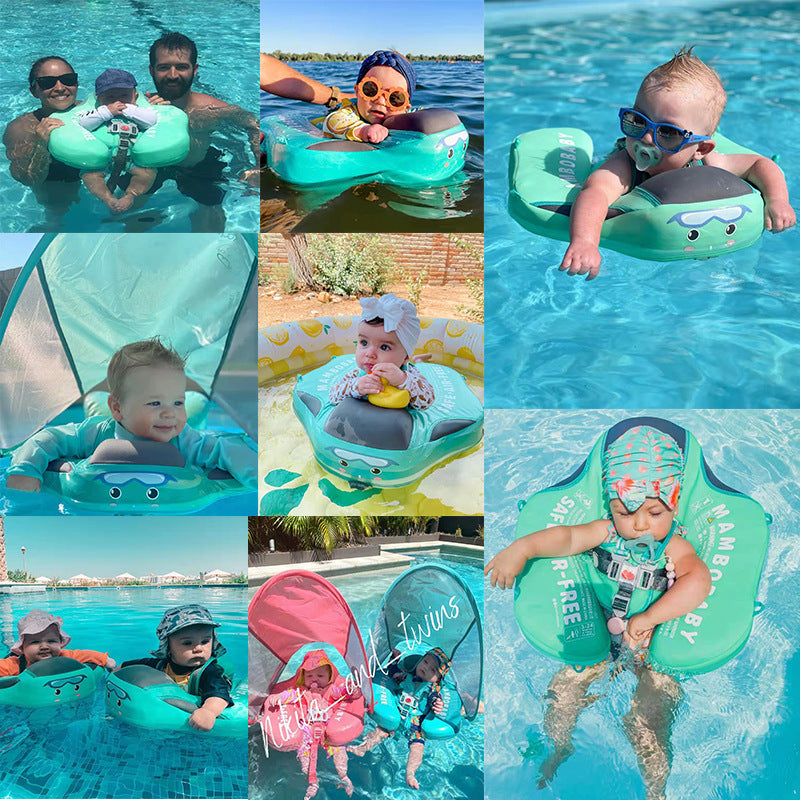 Collage of nine owner photographs of babies sitting in the mint and pink swim floats
