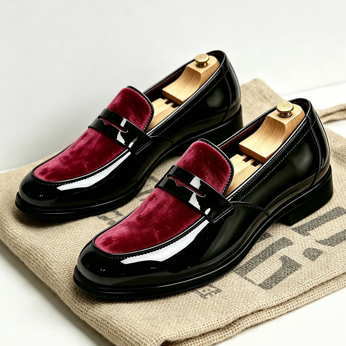 Pair of glossy black loafers with a wine red velvet vamp and a penny strap on a burlap sack