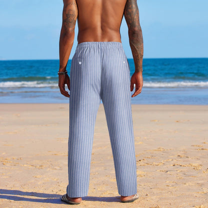 Men's cotton gauze pajama set worn at home in striped blue fabric