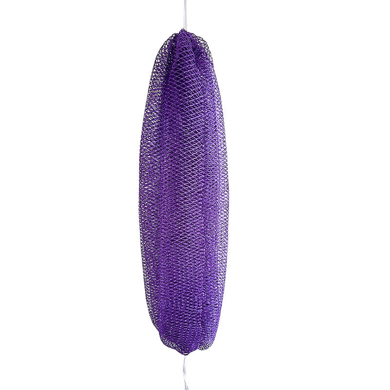 Rolled up exfoliating bath net shown on a plain background