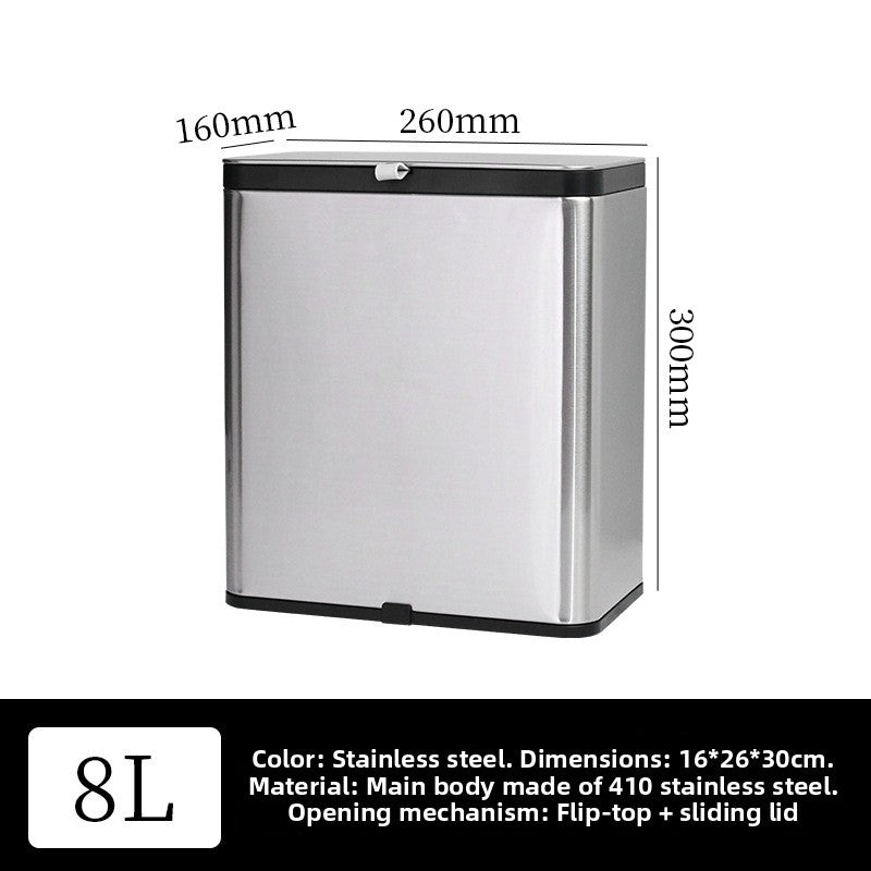 8 L stainless steel trash can with 160 by 260 by 300 mm dimensions, flip-top and sliding lid