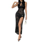 Black lace maxi dress with keyhole collar and high slit on a plain white background, with a small white bag