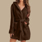 Brown plush hooded fleece robe with tie belt, worn by a model, size 3XL option