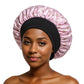 Pink Smiley Print satin sleep bonnet with ruffled crown and wide elastic band, 30 cm diameter