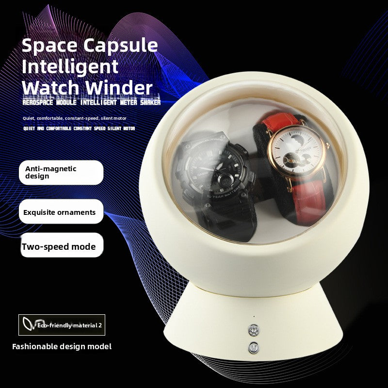 Dual dial cream watch winder on a rounded base holding two watches with light and power buttons