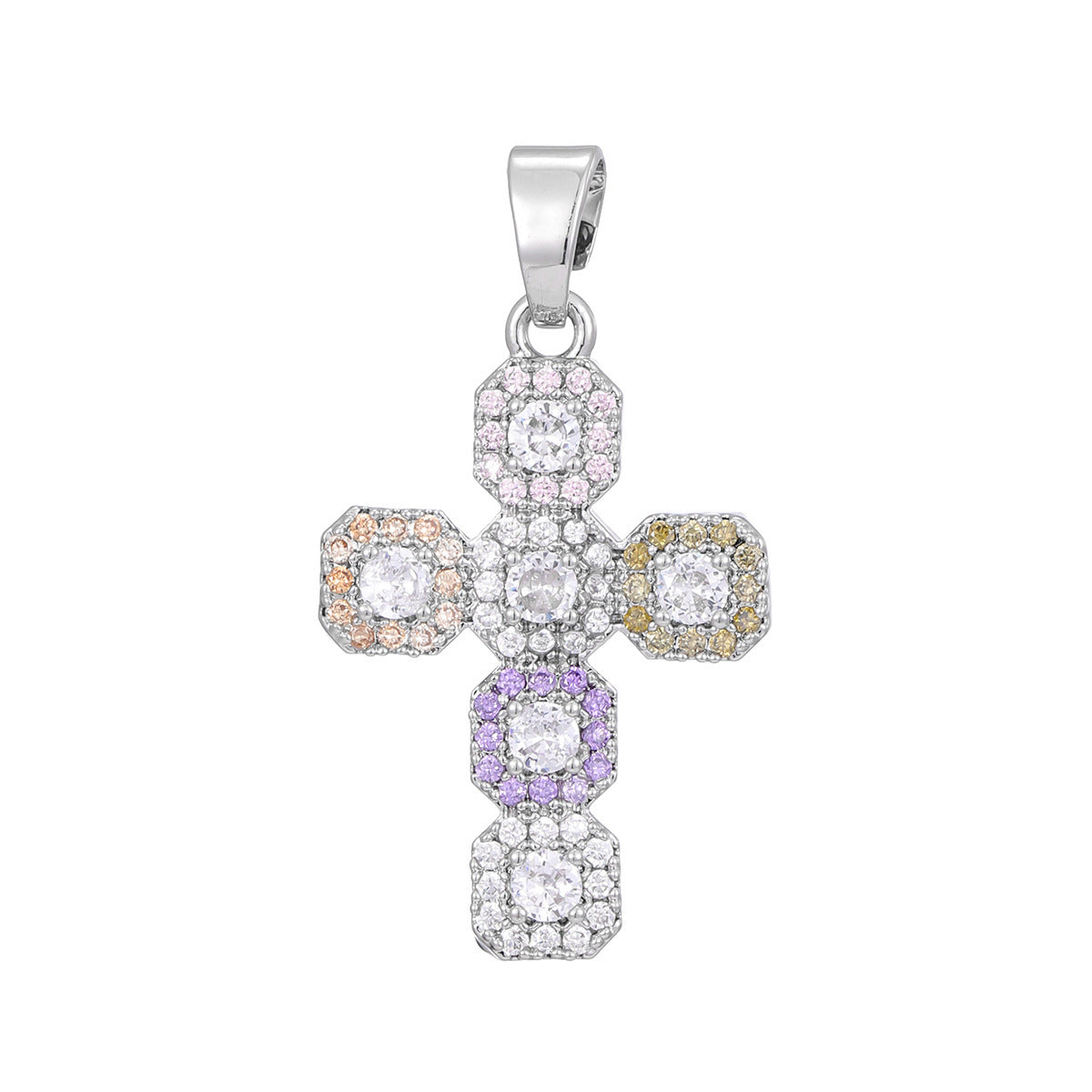 Marquise cut colored cubic zirconia cross pendant on a fine chain, angled view