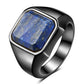 Three lapis lazuli signet rings in black, gold and steel stainless steel finishes