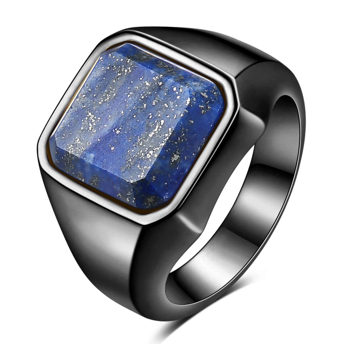 Three lapis lazuli signet rings in black, gold and steel stainless steel finishes