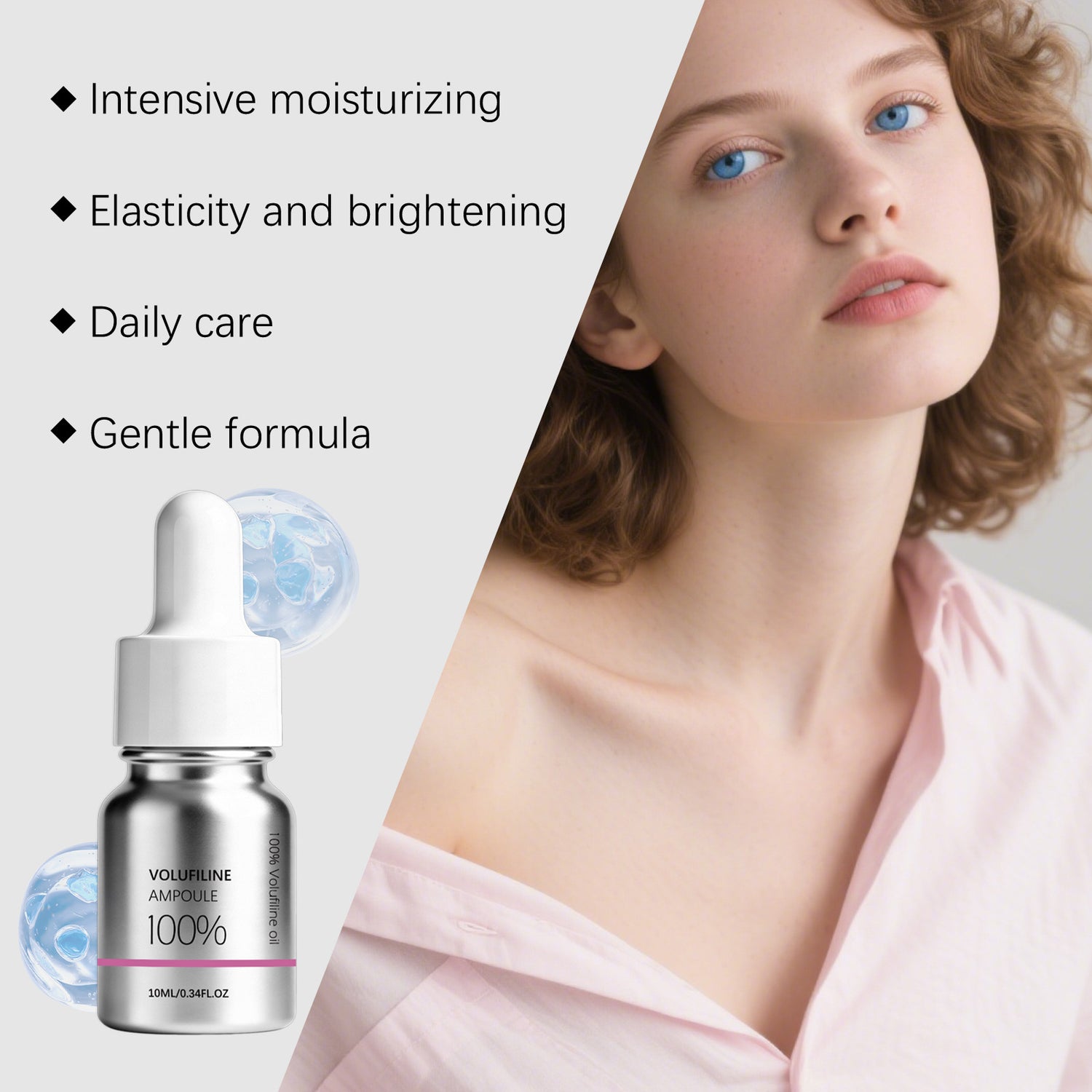 Volufiline oil bottle with dropper and four care bullet points beside a model in pink