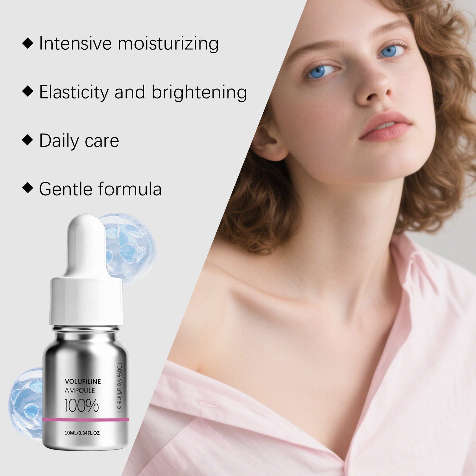 Volufiline oil bottle with dropper and four care bullet points beside a model in pink