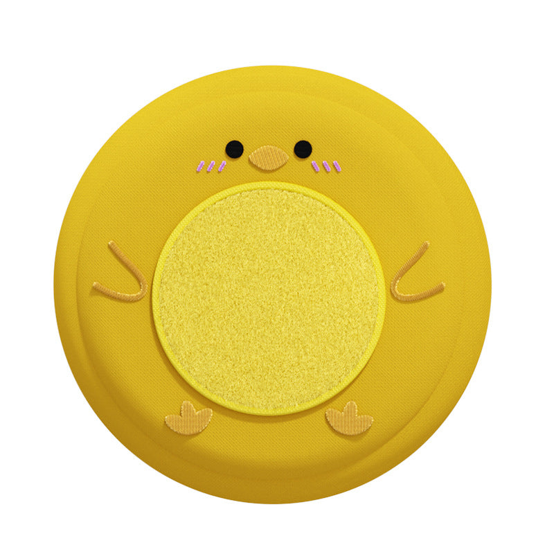 Yellow chick soft foam flying disc dog toy with textured centre panel