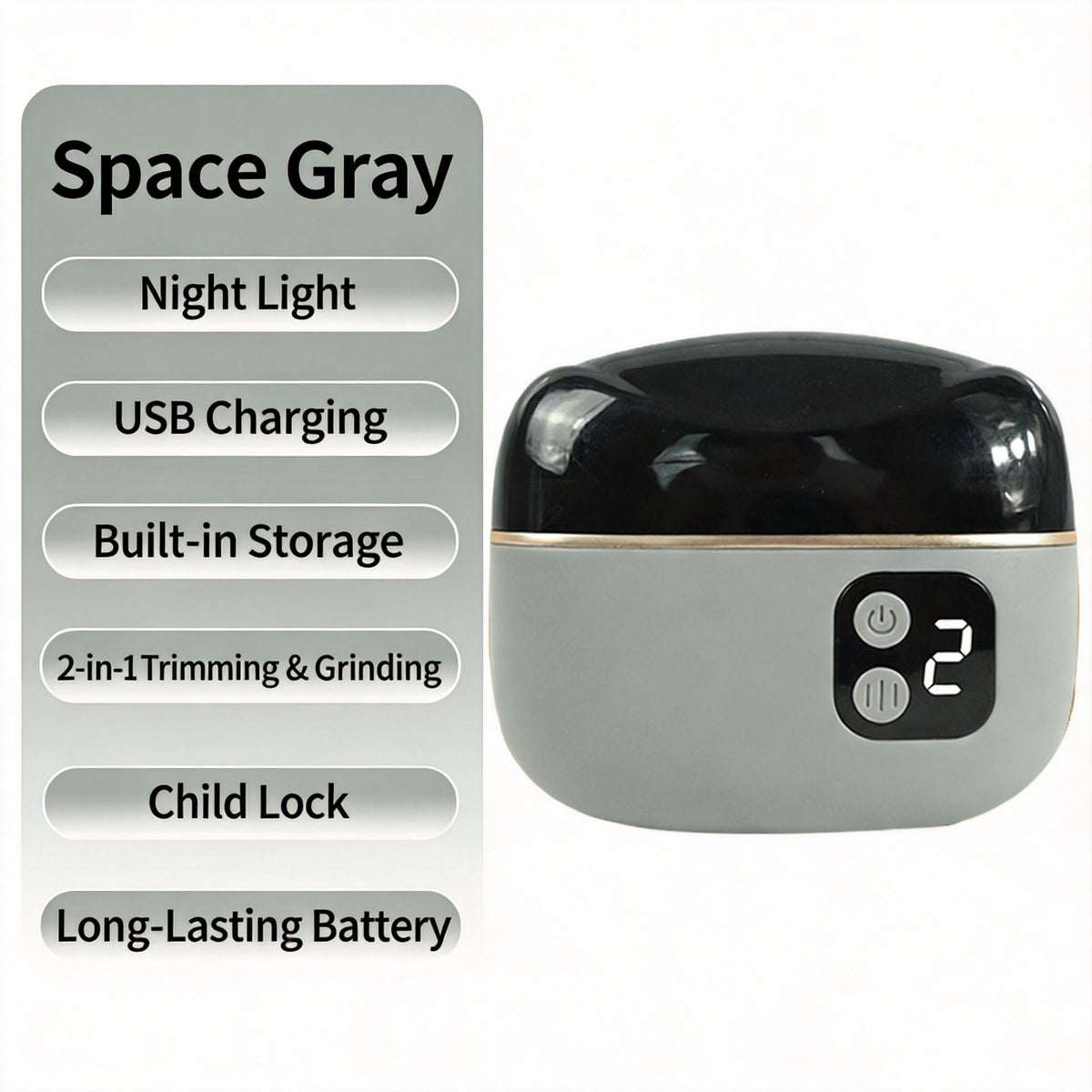 Space gray electric nail clipper beside a feature list: night light, USB charging, storage, child lock