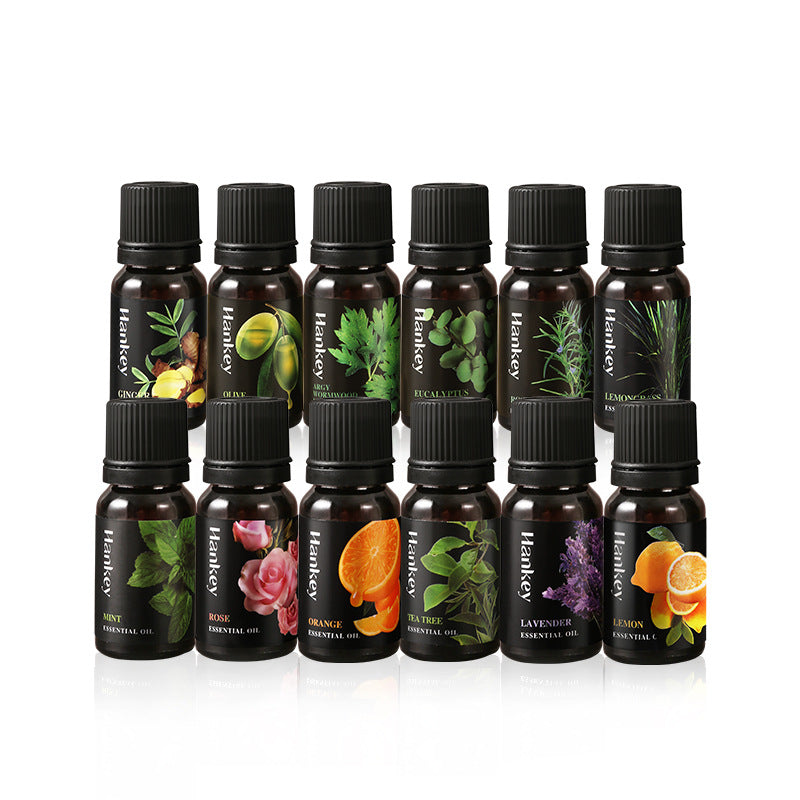 Plant-based essential oil bottle styled on a bathroom shelf by a mirror