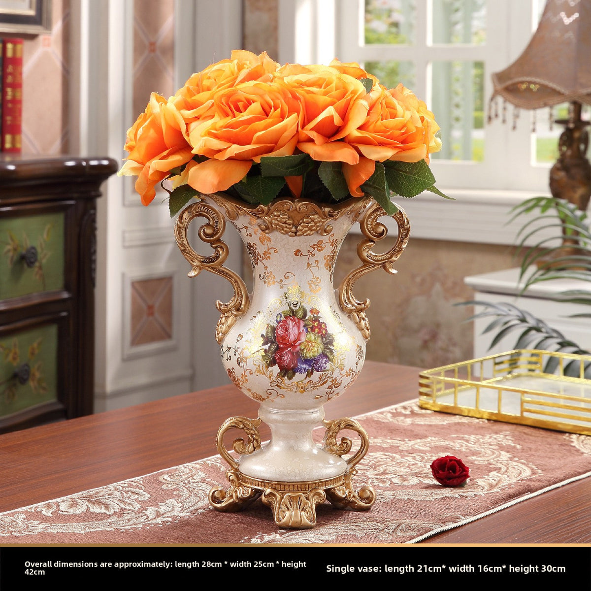 Palace style resin decor with wood grain finish, gold tone edging, and cream pearl shell panels