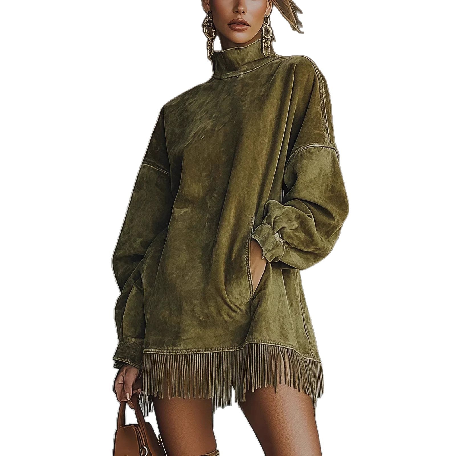 High mock neck collar on washed vegan suede oversized dress close up view