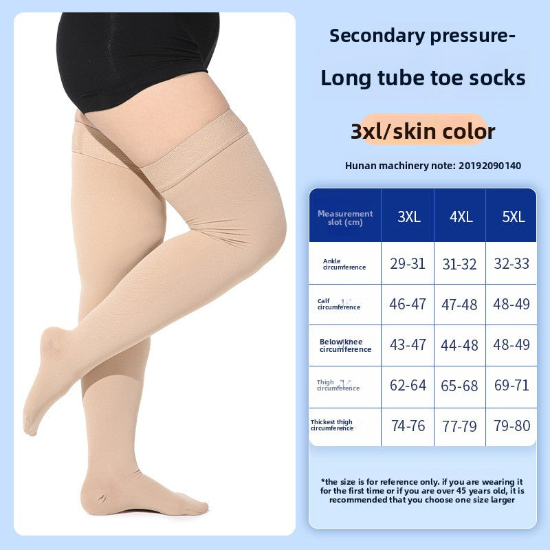 Full length beige compression stocking rolled to show the smooth opaque knit body