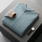 Folded light blue wool zip cardigan with camel cuff and a watch on a dark surface, Lime Green option, size S