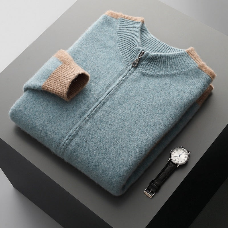 Folded light blue wool zip cardigan with camel cuff and a watch on a dark surface, Lime Green option, size S