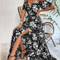 Full length floral cold shoulder maxi dress with long A line skirt and tie waist
