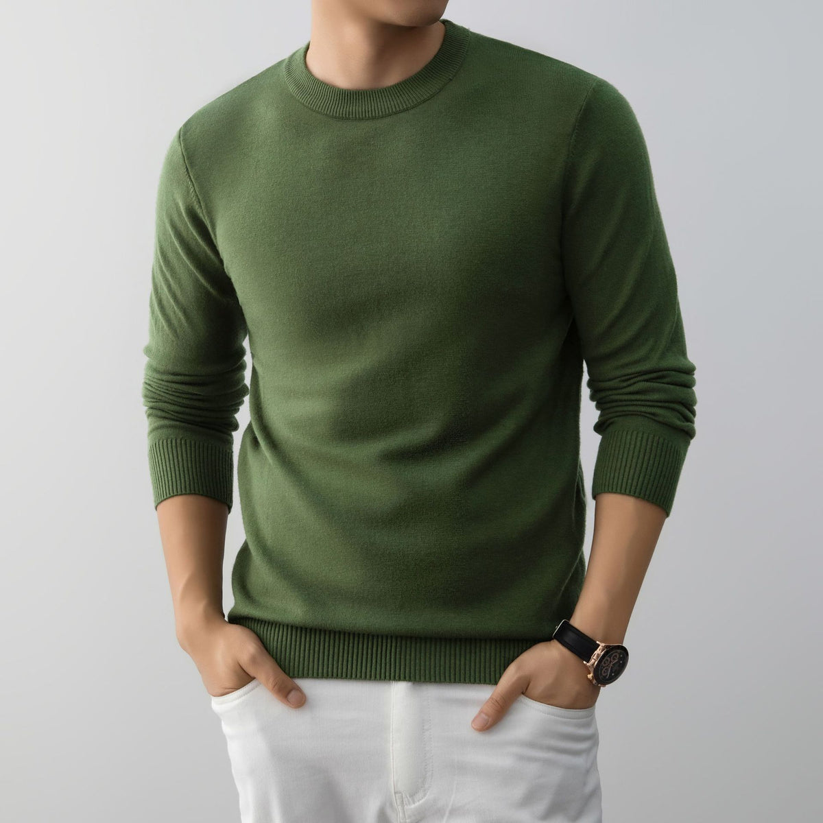 Green slim fit crew neck knit sweater, option photo for size 165 (M)