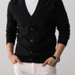 Close view of the V neck and button placket on the mens knit cardigan