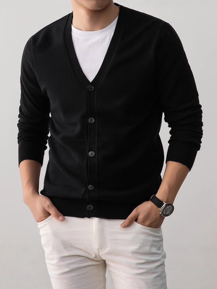 Close view of the V neck and button placket on the mens knit cardigan