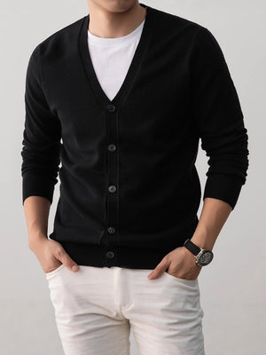Close view of the V neck and button placket on the mens knit cardigan