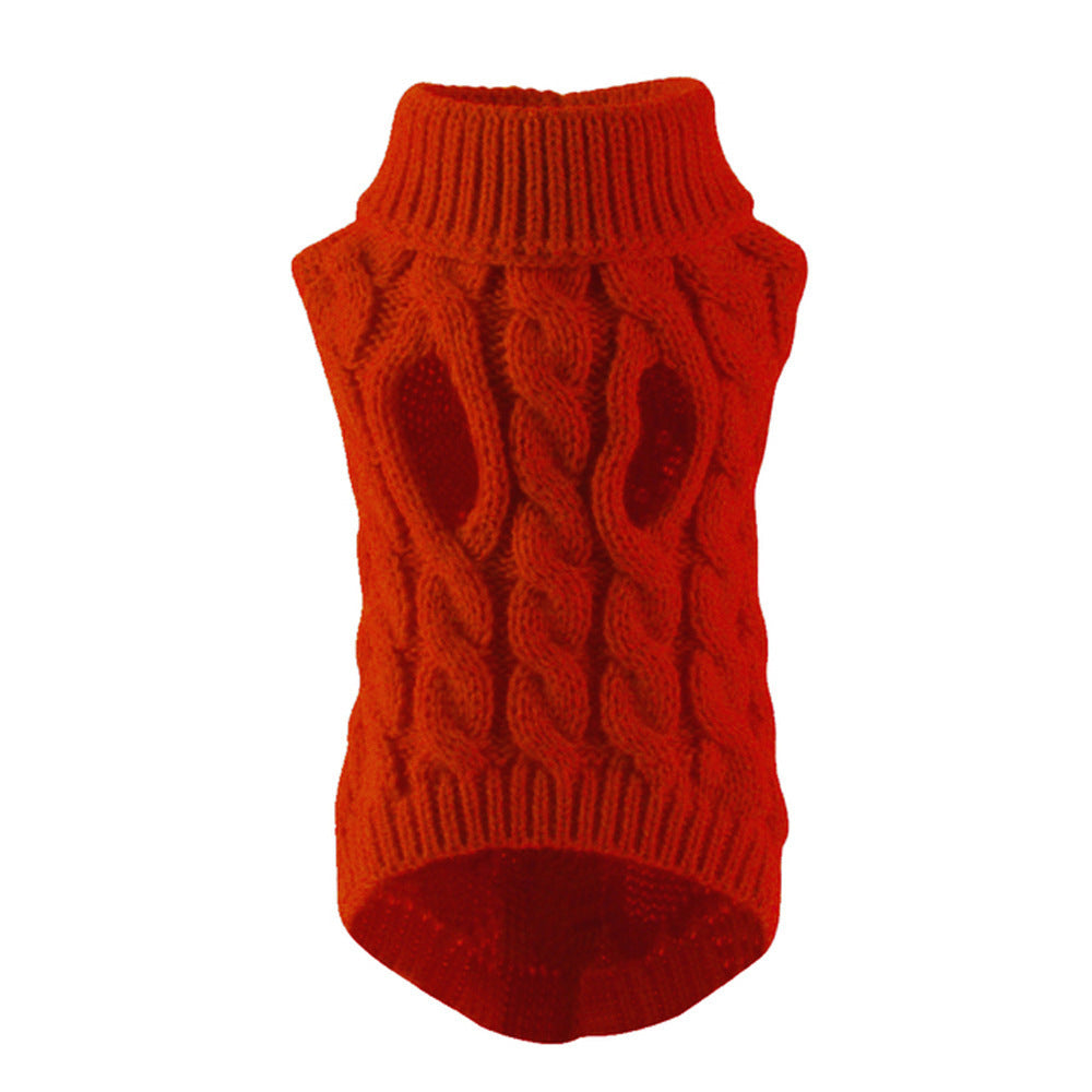 Ribbed turtleneck collar of the knit dog sweater folded up to cover the neck