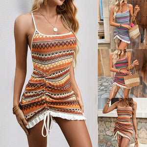 Multicolour boho striped knit strappy mini dress with square neck and ruffle hem, front view
