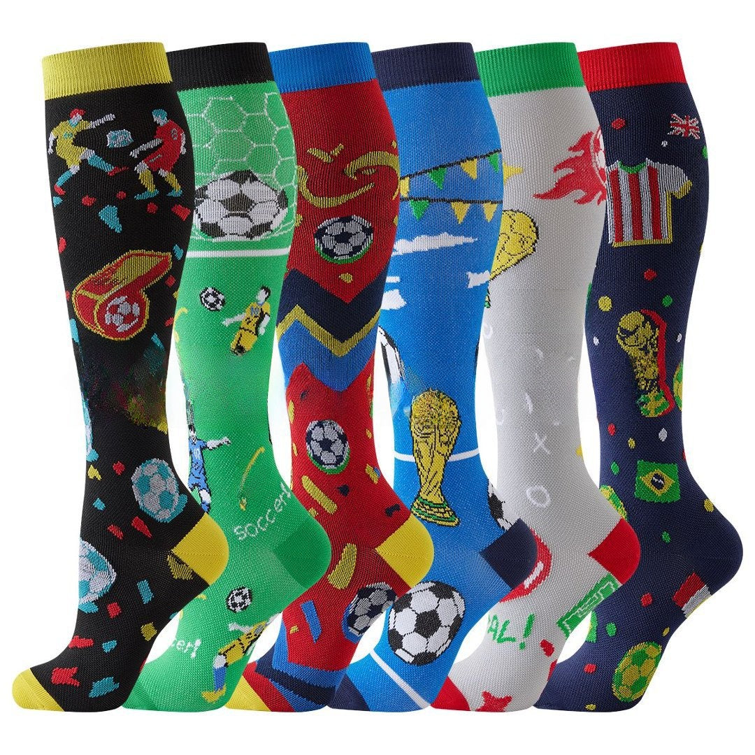 Knee high graduated compression socks shown as an assorted colour and print pack