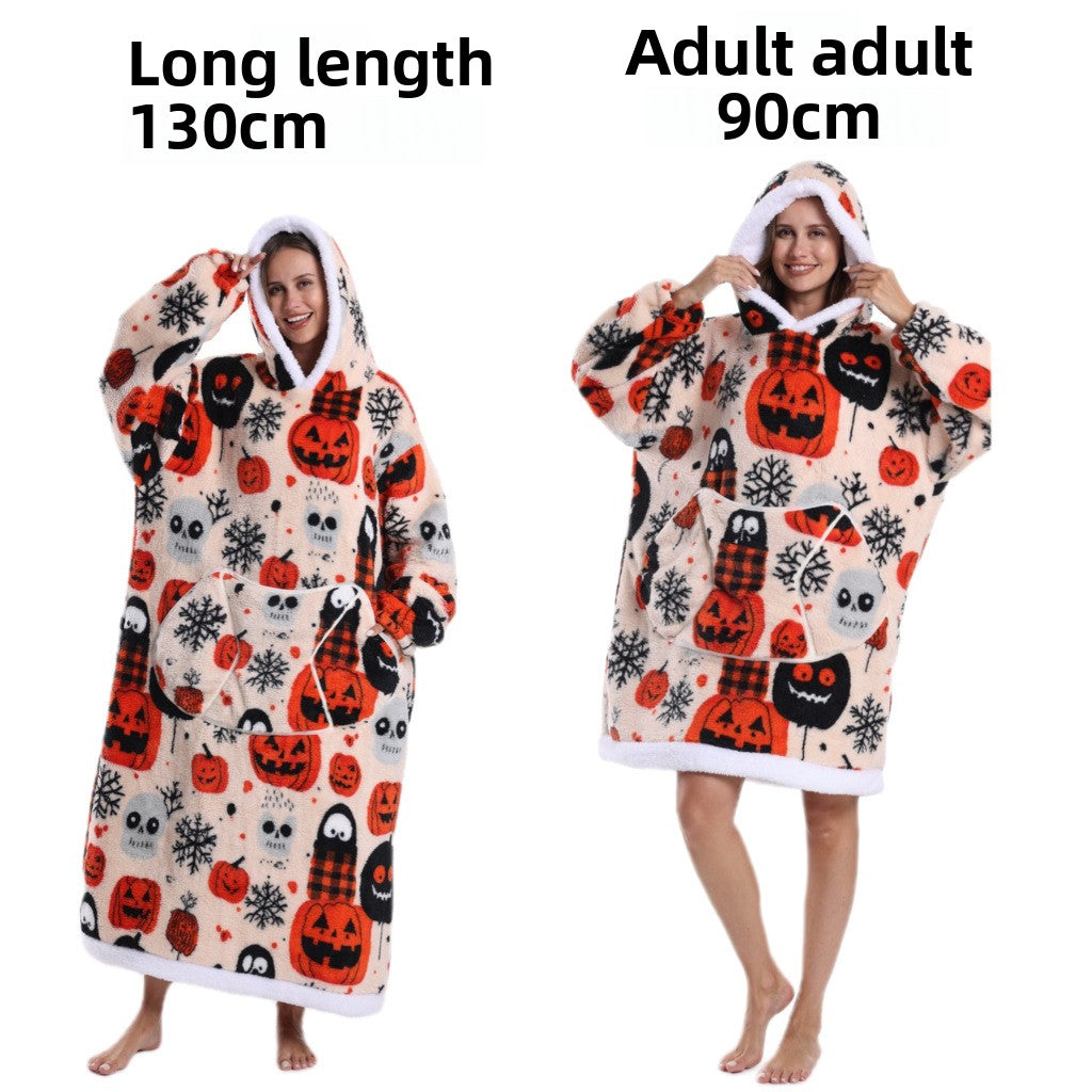 Holiday Pumpkin hooded fleece pullover, peach with pumpkin, skull and snowflake prints, 130 cm extra long option